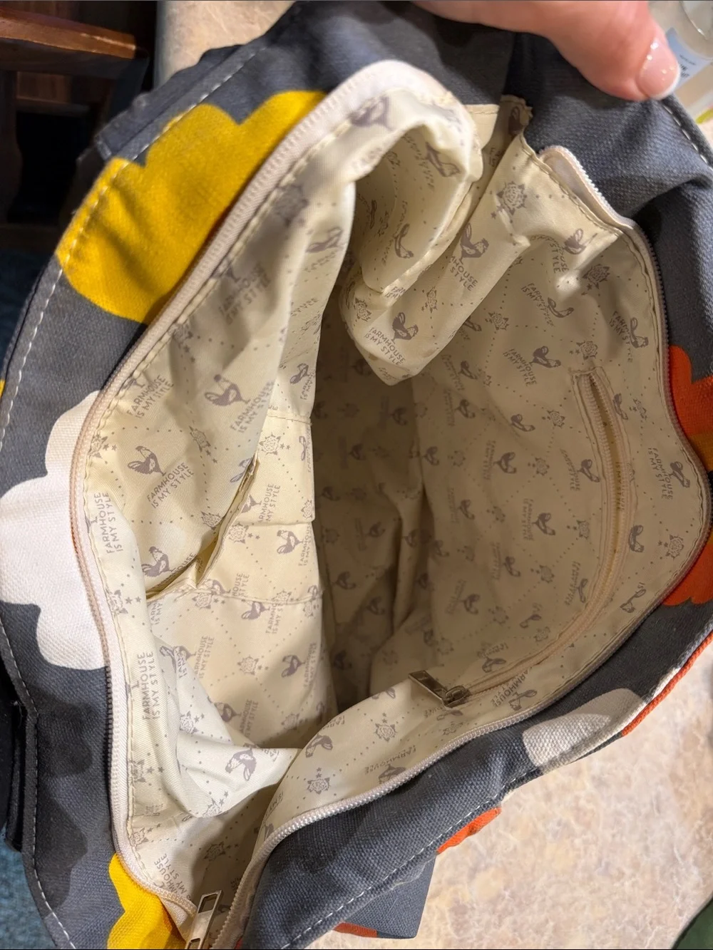 Floral Canvas Tote Bag in Charcoal with Yellow & Orange Accents